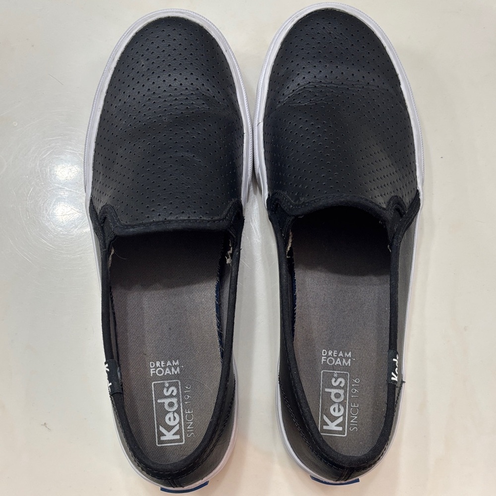 Keds Perforated Black Leather Slip-Ons